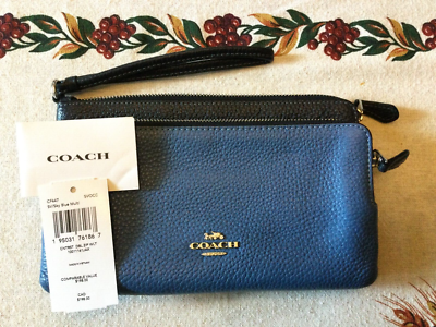 ブランチュール様ネイビー2 🌺COACH Double Zip Wristlet Wallet SKY BLUE NAVY BLUE PEBBLE