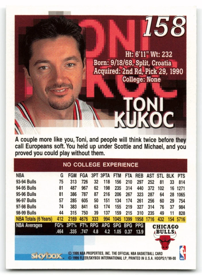 1999-00 NBA Hoops #158 TONI KUKOC Chicago Bulls !!! - Image 2 of 2