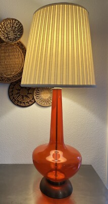 VTG BLENKO style Glass Lamp tangerine modern Mcm Large Table Light Orange