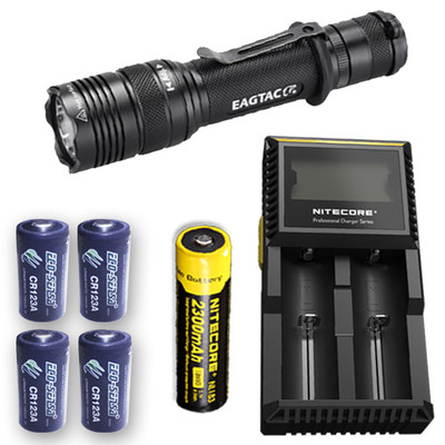 EagleTac T200C2 Flashlight w/D2 Charger, NL183 & 4x Eco-Sensa CR123A Batteries 