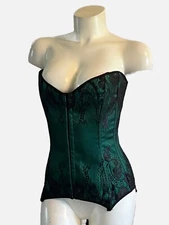 Coquette Corset XL Green Black Lace Satin Full Boned    