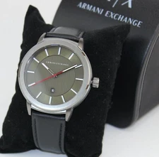 NEW AUTHENTIC ARMANI EXCHANGE MADDOX BLACK GREEN SMOKE LEATHER AX1473 MENS WATCH