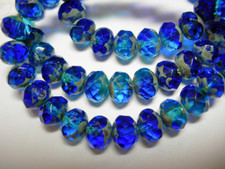 25 8x6mm Cobalt and Capri Blue Blend Czech Glass Picasso Rondelle beads