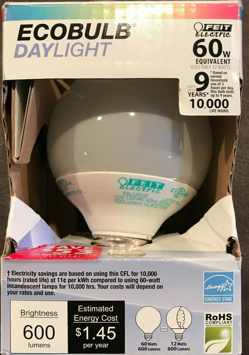 Ecobulb Daylight 60w 12w 600 Lumens Globe Shape Feit Electric Lot of 1
