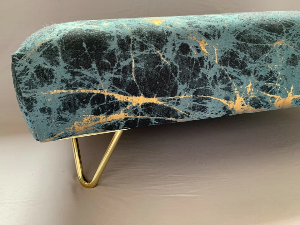 Gold and navy upholstered footstool with gold Hairpin Leg Company legs - Image 3 of 4