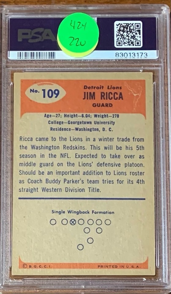 1955 Bowman Football #109 Jim Ricca Detroit Lions PSA 4 | eBay