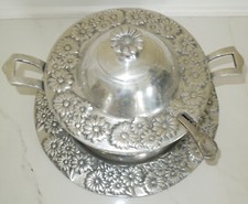 RARE BEAUTIFUL HEAVY THICK VINTAGE ALUMINUM POTS WITH TRAY  LADLE Floral design