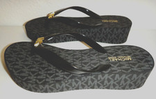 MICHAEL KORS Bedford MK Signature Black Wedges Flip-Flops Thongs Gold Logo Sz 11