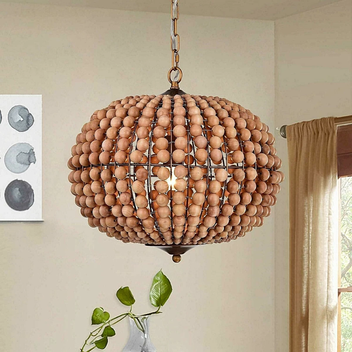 Beaded Wood Round Globe Chandelier 3 Light Boho Pendant Lamp w Adjustable Chain