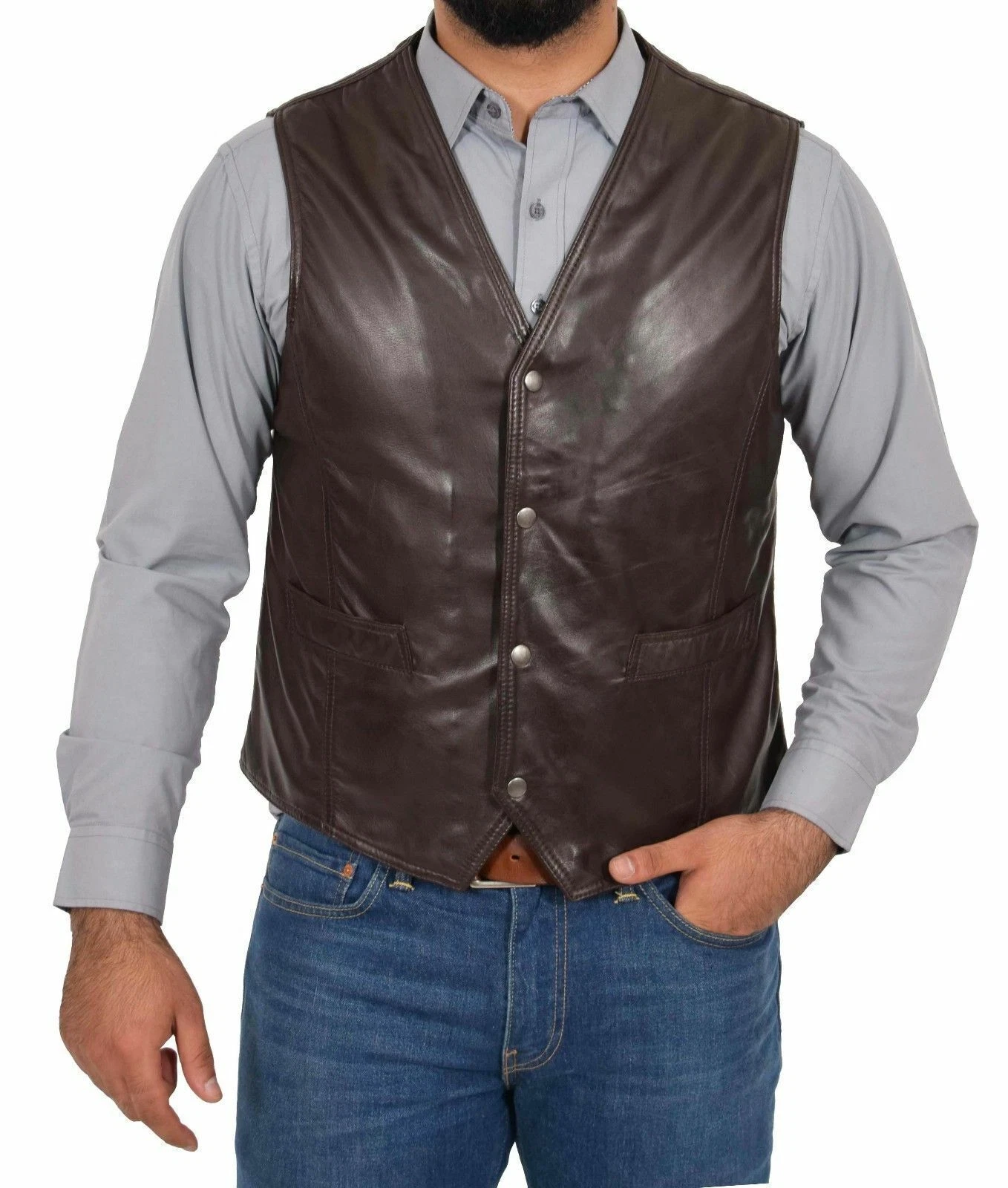 Genuine lambskin waistcoat vest leather , Snap button closure, 2 bottom pockets