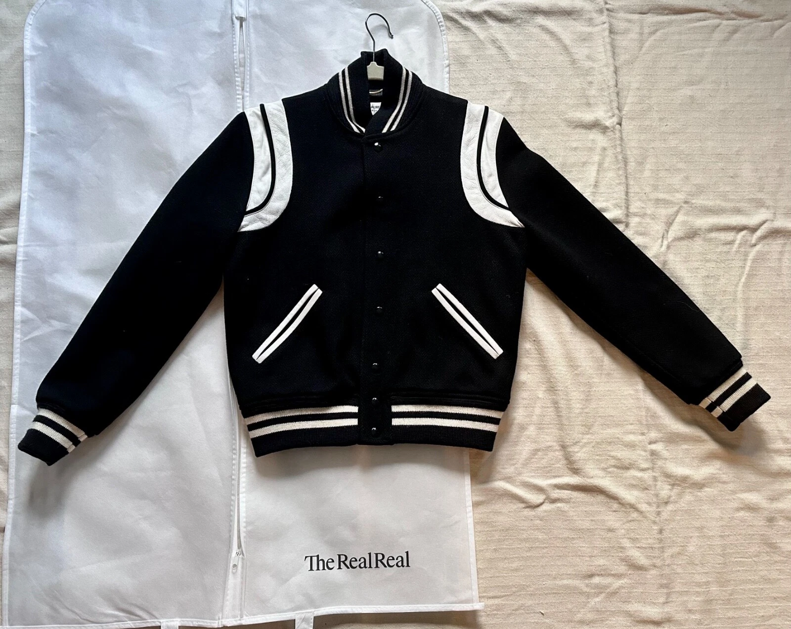 SAINT LAURENT (YSL) Saint Laurent Teddy Bomber Varsity Giacca Nero Bianco US Taglia 38 Yves $2600