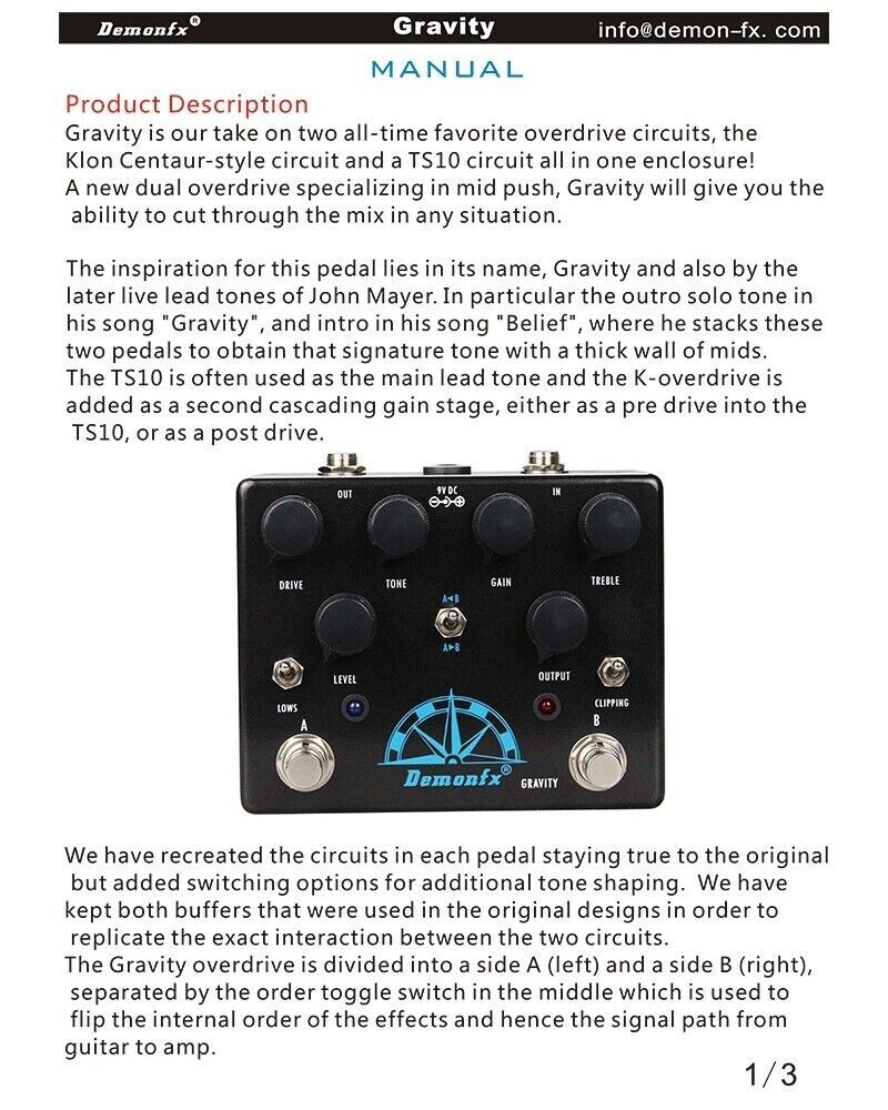 Demonfx DFG Gravity Dual Channel Overdrive w/clip options Guitar