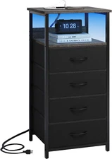 Night Stand with Charging Station, Tall Nightstand with Drawers, 4 Fabric Storag