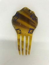Vintage Early Art Deco Celluloid Fan Hair Comb With Clear  Blue Rhinestone's