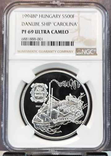 1994 HUNGARY SILVER 500 FORINT DANUBE SHIP NGC PF 69 ULTRA CAMEO TOP POP