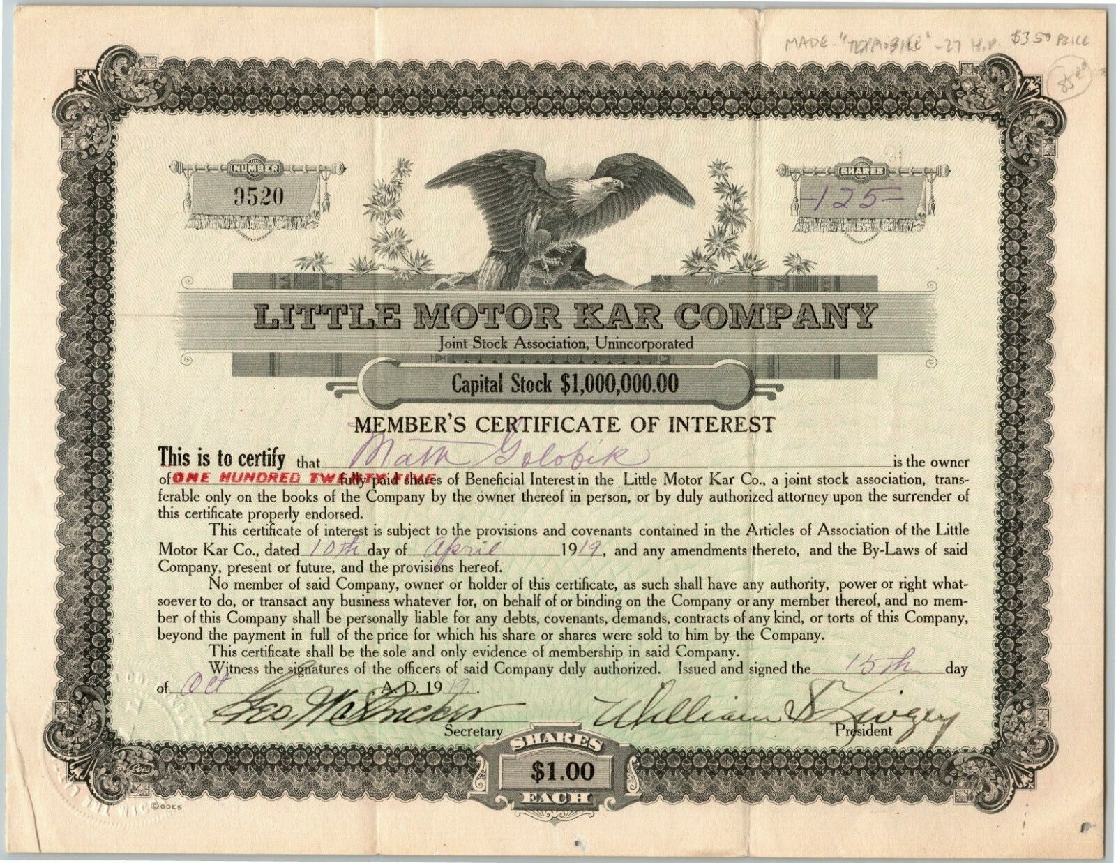 Vintage 1919 Stock Certificate - "Little Motor Kar Company" (Fraud Scheme) Texas