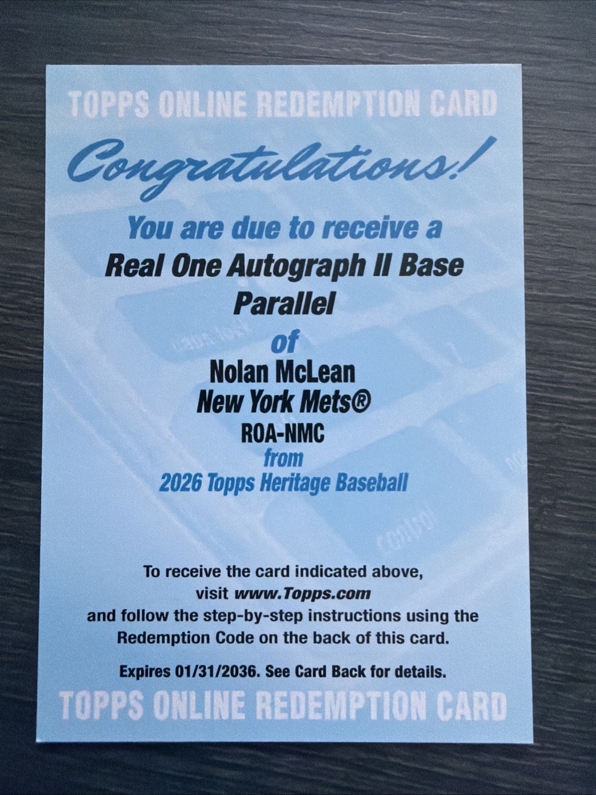 2026 Topps Heritage Real One Autograph Auto II Redemption #ROA-NMC Nolan McLean