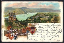 Lithographie Remagen, Blick zum Ort, Wappen 1901 
