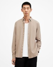 Image of AllSaints Men's Beige Cotton Button-Up Shirt UK Size L Collared Long Sleeve