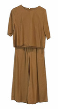Women  s Brown 2-Piece Set, Round Neck Short Sleeve Wide-Leg, S, Pockets