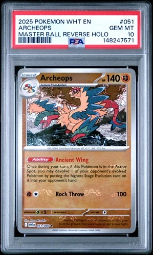2025 POKEMON WHT EN-WHITE FLARE MASTER BALL REVERSE HOLO #051 ARCHEOPS PSA 10