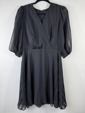 Ann Taylor Dress Womens 4 Black Textured Puff Sleeve Lined V Neck Party Midi