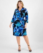 Anne Klein Plus Size Abstract-Print Faux-Wrap Dress Women's 1X Anne Black/Blue