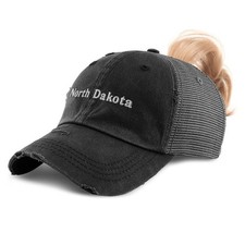 Womens Ponytail Cap North Dakota Keep Calm Cotton Distressed Trucker Hats Black