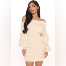 Fashion Nova Elated Off the Shoulder Sweater Mini Dress Cream Size 1X NWT