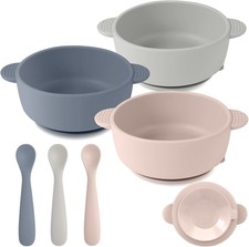 Eascrozn Silicone Baby Feeding Set, 3 Pack Baby Bowls with Suction and 3 Pack Ba
