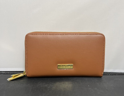 JOY & IMAN Double Zip RFID Leather Wallet New Without Tag Camel Brown Charity