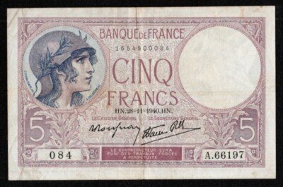 FRANCE 5 FRANCS BANKNOTE 1940 SERIE A - BANQUE DE FRANCE