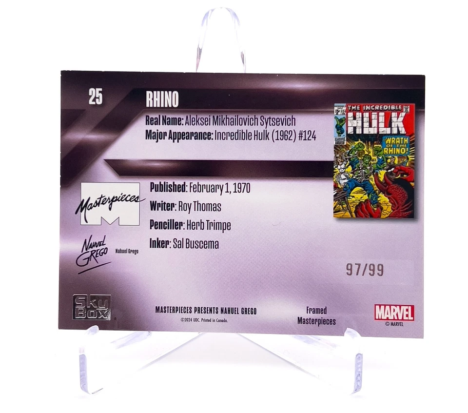 2024 Marvel Masterpieces Nahuel Grego #25 Rhino - Framed Masterpiece /99 - Image 2 of 2