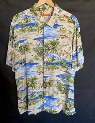 TORI RICHARD Size 2XL Blue Green Hawaiian Village Palm Tree Short Sleeve Shirt