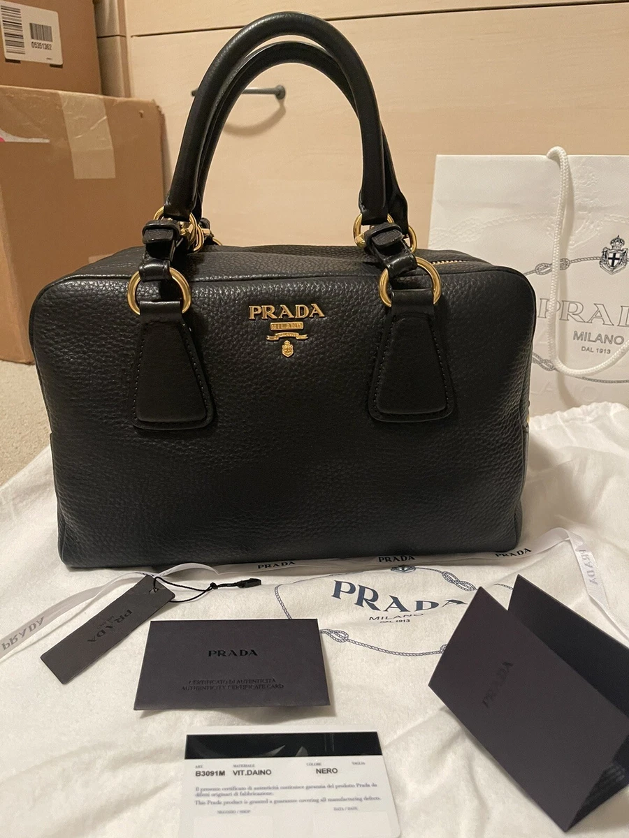 PRADA BLACK PEBBLED LEATHER BOWLER BAG/VITELLO DAINO NERO: Preowned,  Authentic