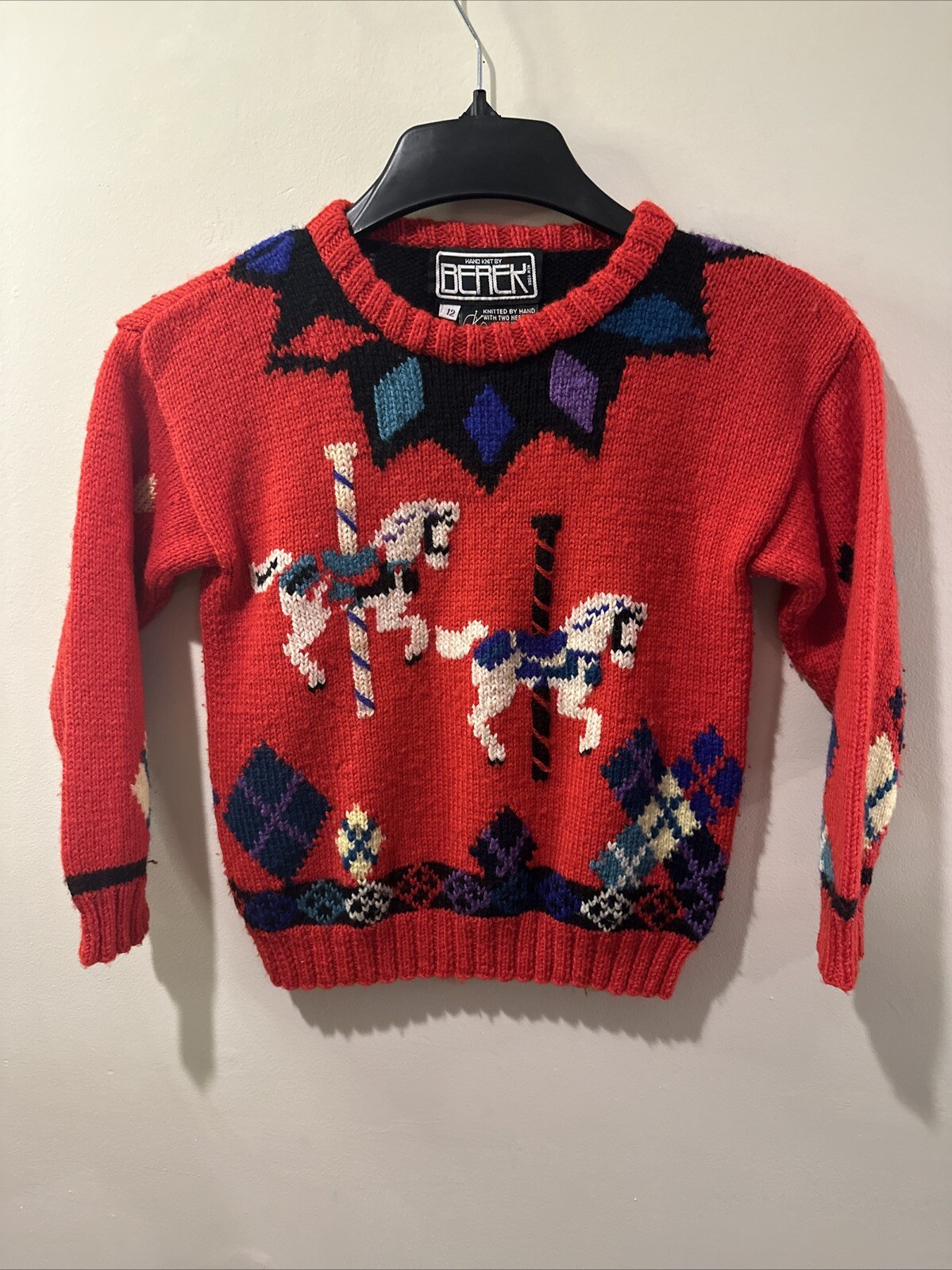 Vintage Berek Sweater Kids Size 12 Hand Knit Carousel 100% Wool Horses Red
