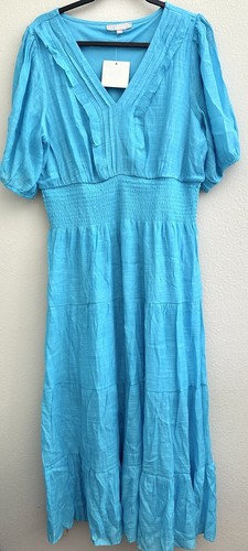J Gee Woven Peasant Maxi Dress Boho Solid Aqua Blue Elastic Waist XL Extra Large