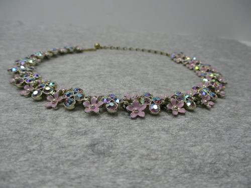 Vtg Kramer Crystal Rhinestone Purple Enamel Flowers Choker Necklace 14" Long - Picture 4 of 8