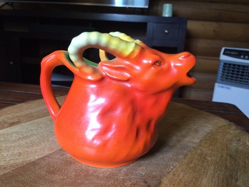 Vintage German Orange Horned Bull Small Pitcher Creamer Cabin Farmhouse Decor