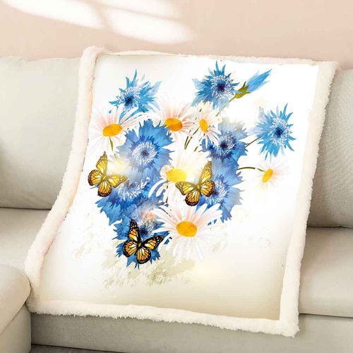 Manta de felpa cálida 3D mariposas amarillas flores azules sofá de picnic - Imagen 4 de 6