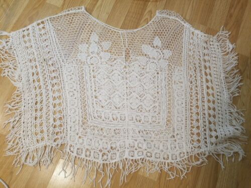 Vtg. BoHo WHITE Cotton Crochet tassled Hippy Festival Wedding Top Shirt size L - Picture 7 of 12