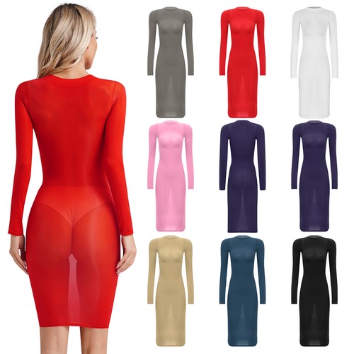 Womens Sexy Sheer Mesh Boydcon Midi Dress See Through Long Sleeve Party AU - Picture 4 of 101
