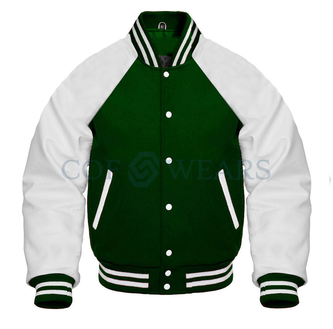 Varsity Letterman Forest Grün wolle& Weiß leder Raglan Sleeves jackes Varsity Letterman Forest Grün wolle& Weiß leder Raglan Sleeves jackes
