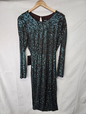 Bebe Women's Sequin Cowl-Back Long-Sleeve Midi Dress - Mint Chocolate - Size L