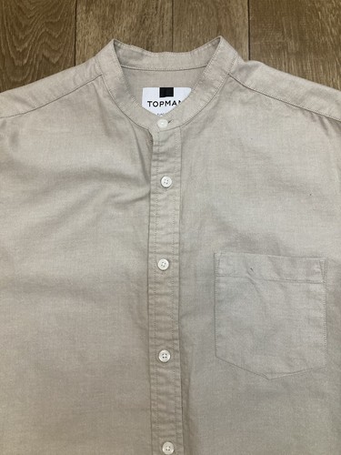Camisa Topman Beige Arena Sin Cuello Algodón Manga Larga Botón Frontal Pequeña A79 - Imagen 4 de 10