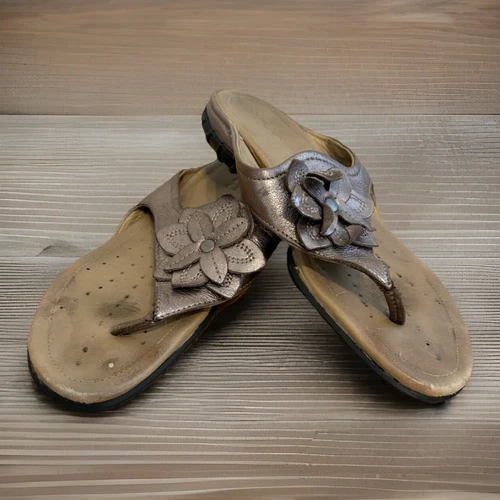Ecco Womens US 9 EU 40 Metallic Pewter Leather Thong Sandals Wedge Floral Slides