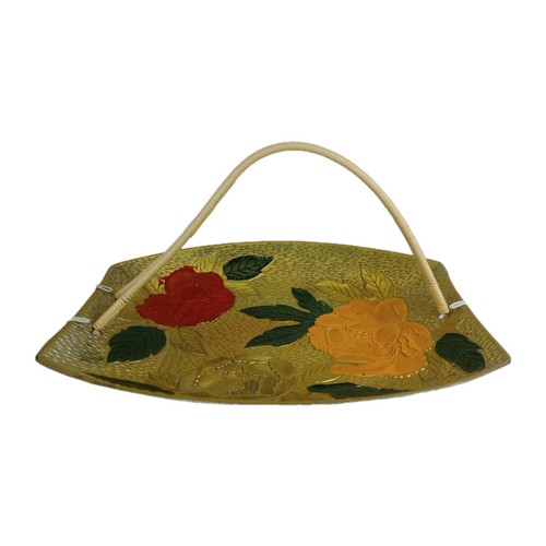 Vintage Lacquerware Giftwood Hand Painted Floral Basket Tray Celluloid Handle - Picture 6 of 13