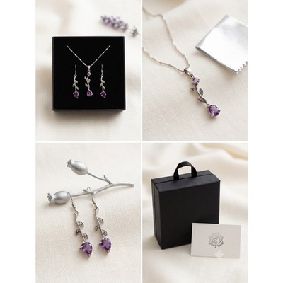Vtg 925 Sterling Silver Amethyst Marcasite Leaf Vine- Set Necklace & Earrings
