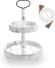 Tiered Tray Stand, 2 Tiered Tray Decor with Wooden Beads Garland