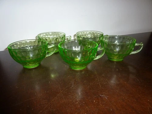 Vintage Federal green depression uranium glass raindrops cups - set of 5